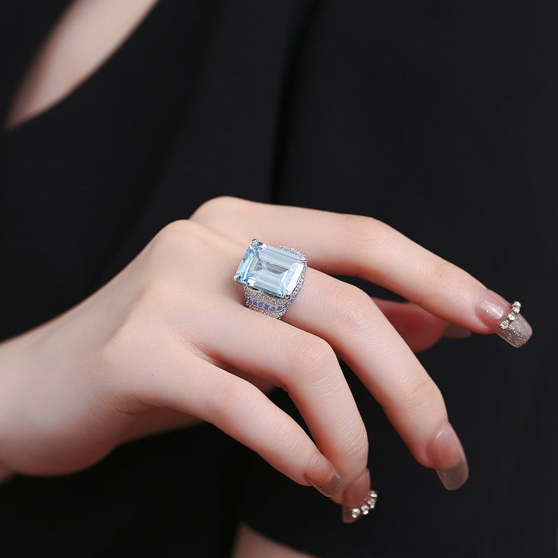 Sterling Silver 925 Large Luxury Diamond Zirconia Sapphire Ring Women's Sapphire Ring