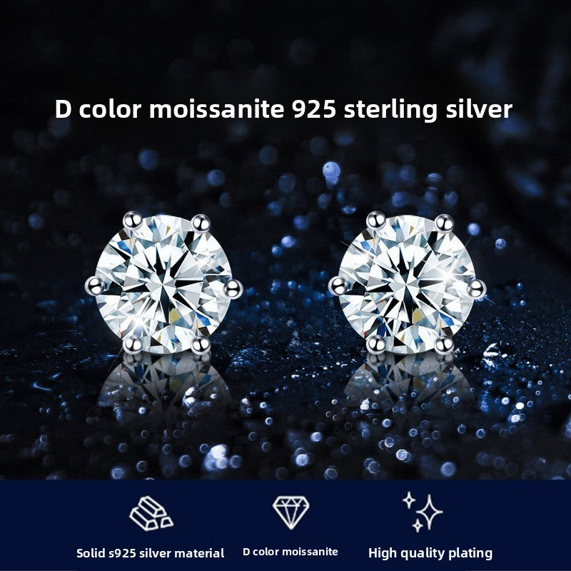 Four-Claw Moissanite Earrings High-End Simple Earrings S925 Sterling Silver Earrings for Women Blue Moissanite Earrings