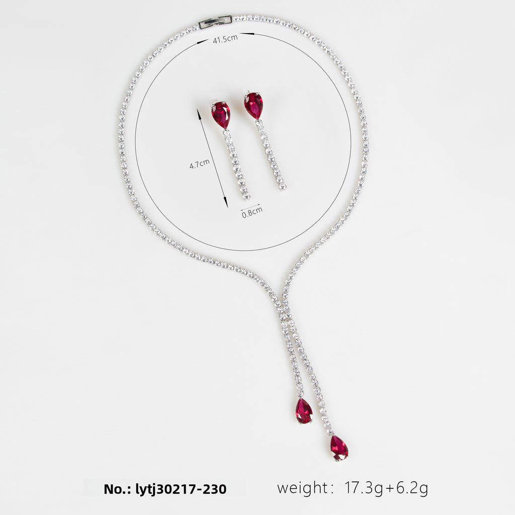 Cross-Border European and American Necklace Summer Women's High-End Light Luxury Water Drop Zircon Necklace Earring Set Natural Zircon Necklace