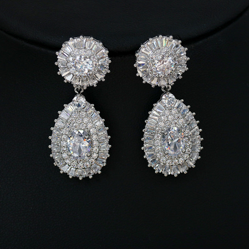 Classic 3A Zircon Water Drop Pendant Necklace Two-Piece Set Clip-On Earrings Without Piercing Bridal Jewelry Set