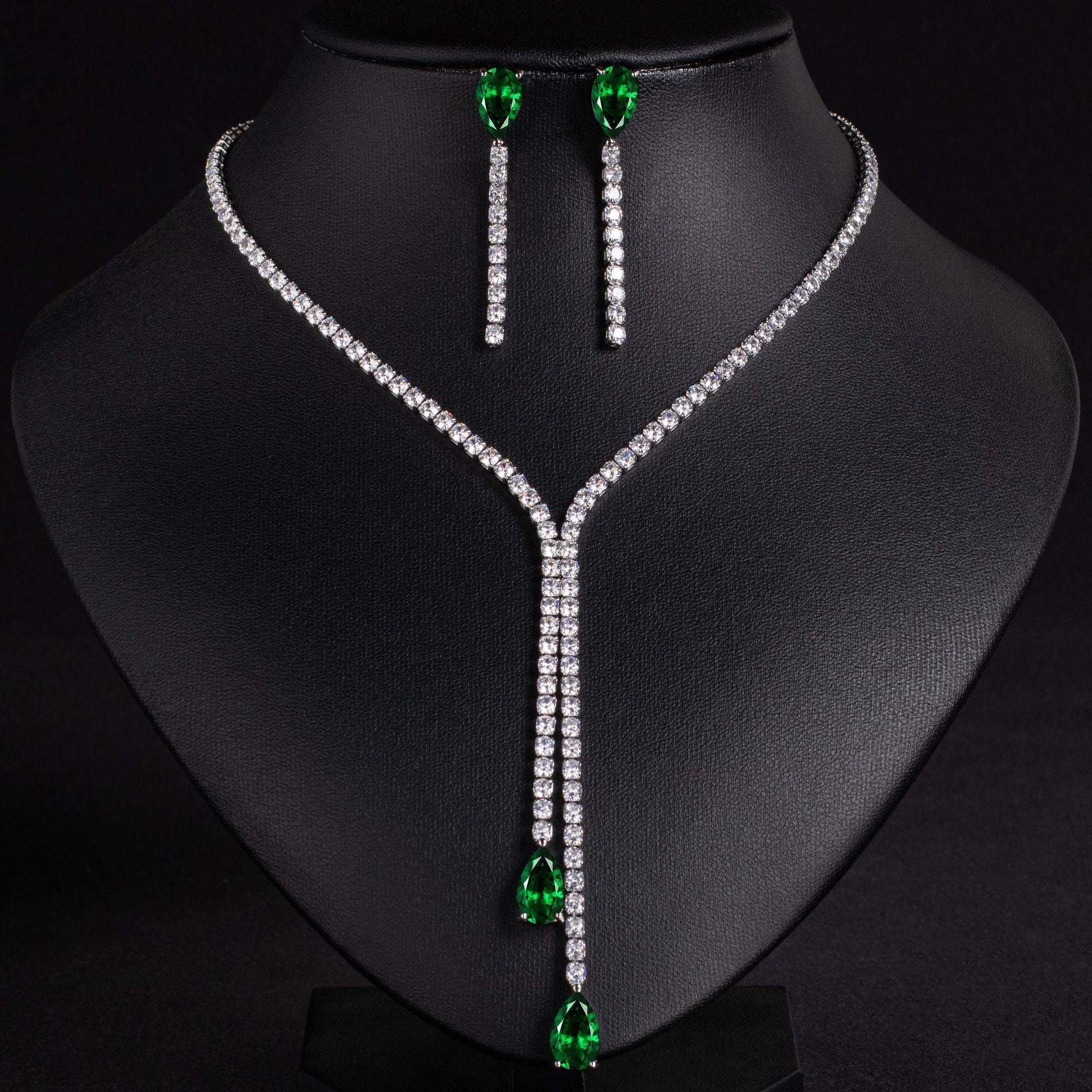 Cross-Border European and American Necklace Summer Women's High-End Light Luxury Water Drop Zircon Necklace Earring Set Natural Zircon Necklace