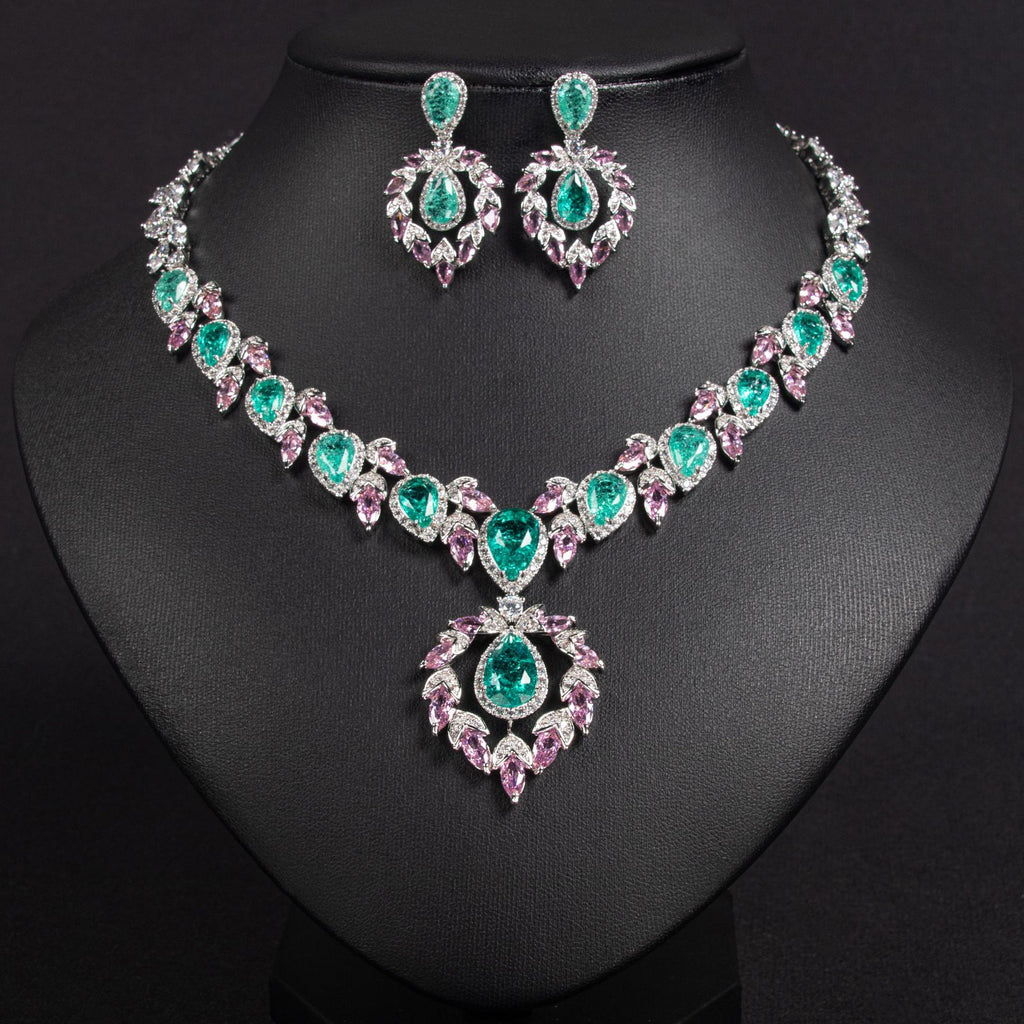 Bridal Dress Jewelry Set Zircon Water Drop Inlaid Multi-color Matching Middle Eastern Jewelry Necklace Earrings Jewelry