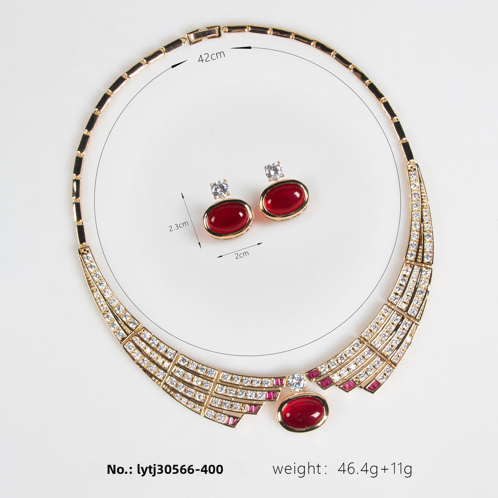 Real Gold Plated Emerald Gemstone Wealth Rolling Egg Surface Necklace Earring Set Jewelry for Women