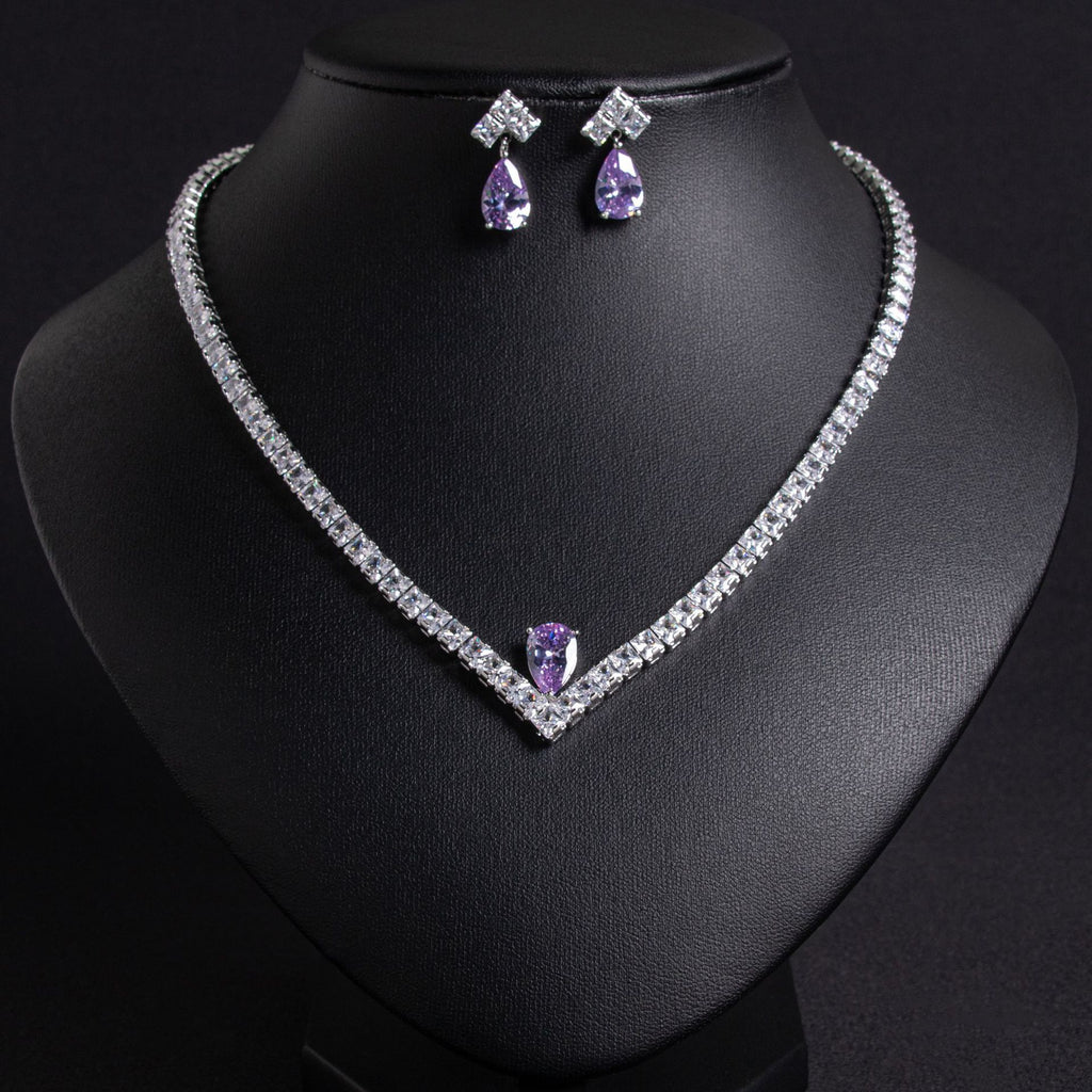 Elegant Simple Versatile Bridal Wedding Zircon Necklace Earring Set Wedding Dress Banquet Annual Meeting Ins Jewelry
