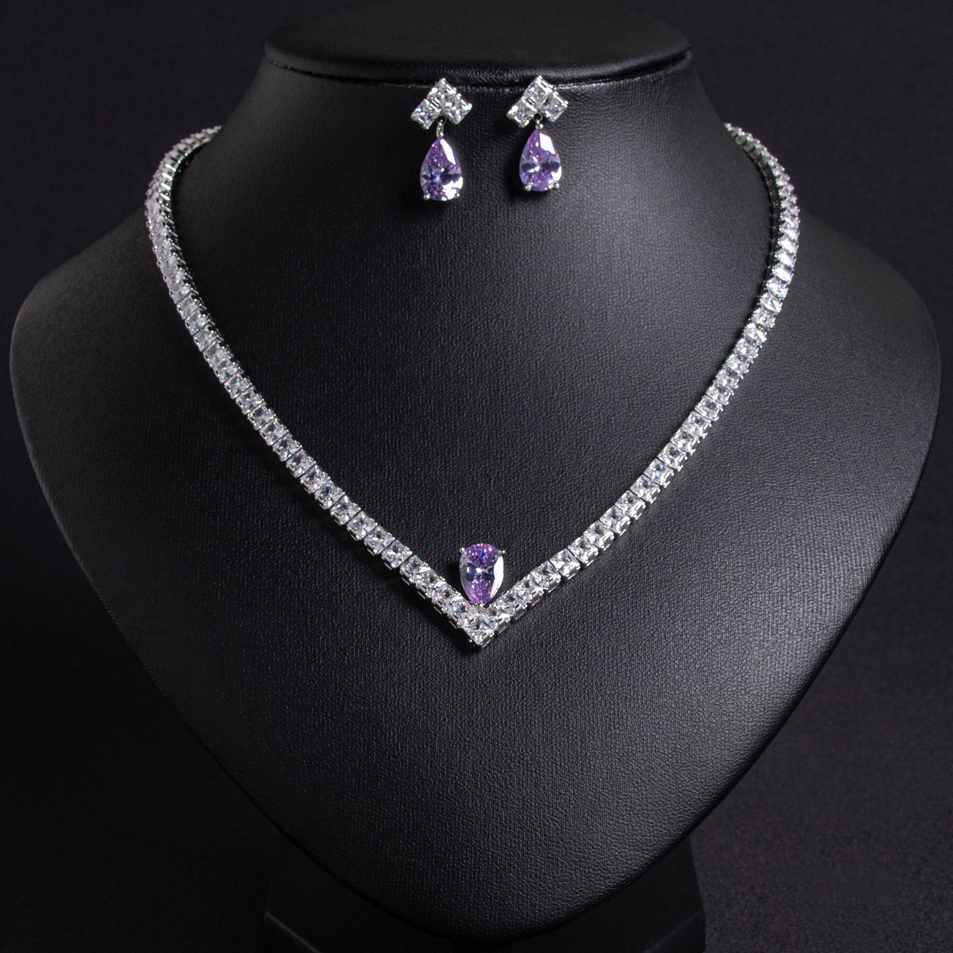 Elegant Simple Versatile Bridal Wedding Zircon Necklace Earring Set Wedding Dress Banquet Annual Meeting Ins Jewelry