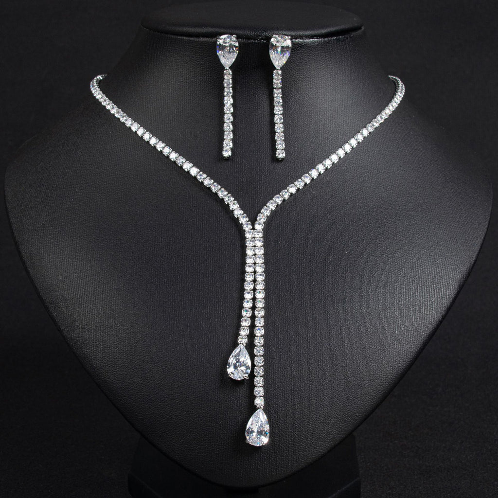 Cross-Border European and American Necklace Summer Women's High-End Light Luxury Water Drop Zircon Necklace Earring Set Natural Zircon Necklace