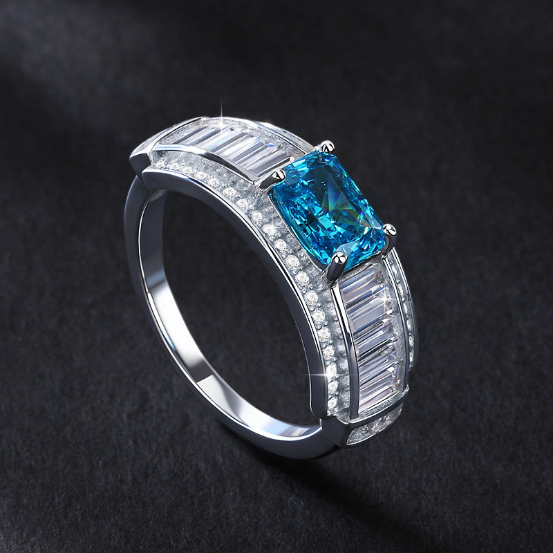 S925 Sterling Silver Ice Flower Cut Sapphire Ring Fine Craftsmanship Princess Cut Paraiba Zircon Ring for Women