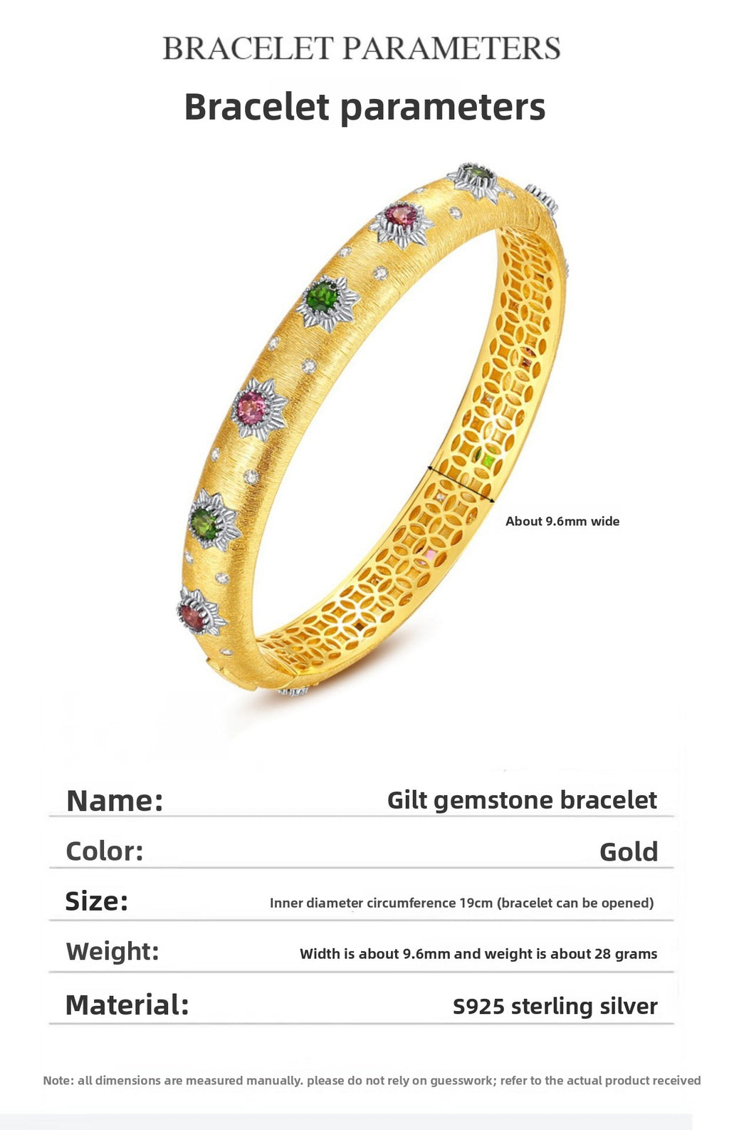 2024 Italian Craft Classical Retro Palace Style Bracelet Light Luxury S925 Sterling Silver Gold-Plated Gemstone Bracelet