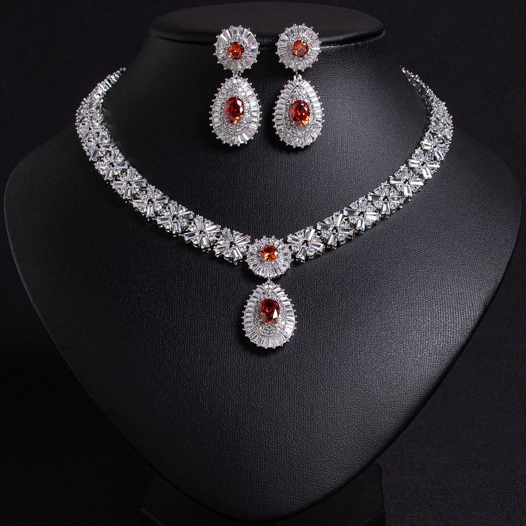 Classic 3A Zircon Water Drop Pendant Necklace Two-Piece Set Clip-On Earrings Without Piercing Bridal Jewelry Set