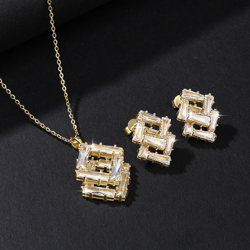 New In-Stock Zircon Geometric Earrings Necklace Set High-End Fashion Versatile Square Earrings Necklace