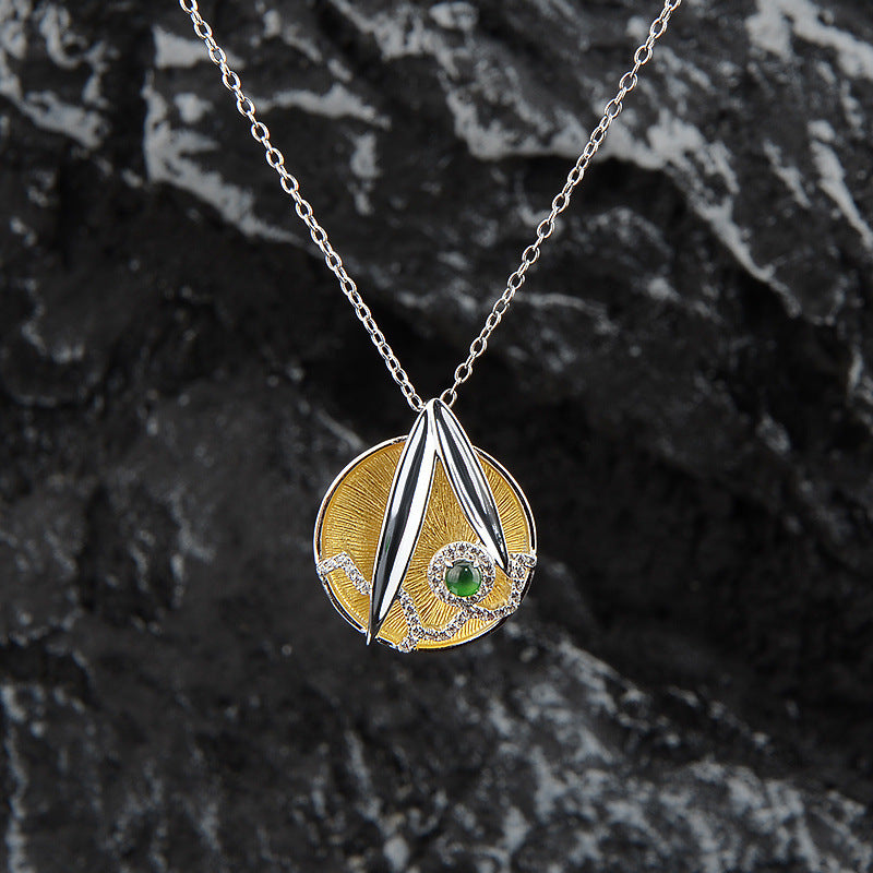 Italian Brushed Craft Vintage Relief 925 Silver Electroplated Silver Pendant Necklace Natural Ice Jade High-end Necklace