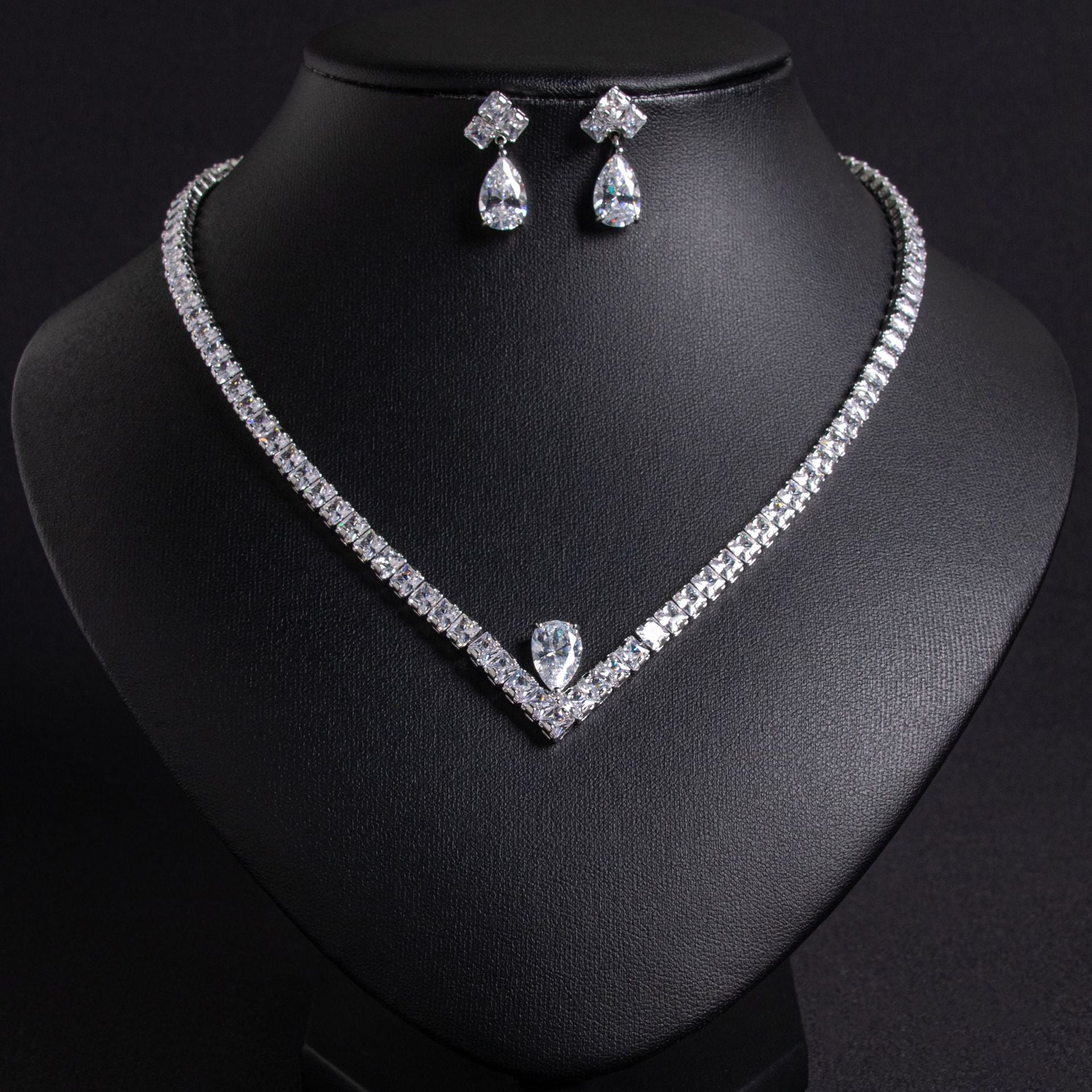 Elegant Simple Versatile Bridal Wedding Zircon Necklace Earring Set Wedding Dress Banquet Annual Meeting Ins Jewelry