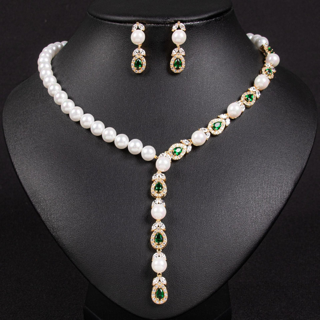 Cross-Border European and American Luxury Pearl Necklace Earrings Set Full Diamond AAA Zircon Banquet Exquisite Accessories Bridal Jewelry