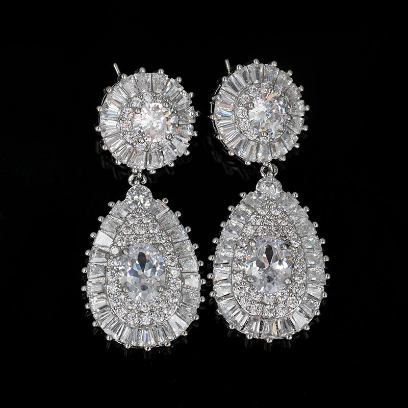 Classic 3A Zircon Water Drop Pendant Necklace Two-Piece Set Clip-On Earrings Without Piercing Bridal Jewelry Set