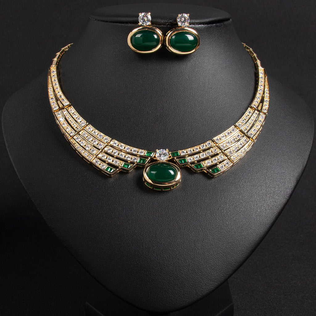 Real Gold Plated Emerald Gemstone Wealth Rolling Egg Surface Necklace Earring Set Jewelry for Women
