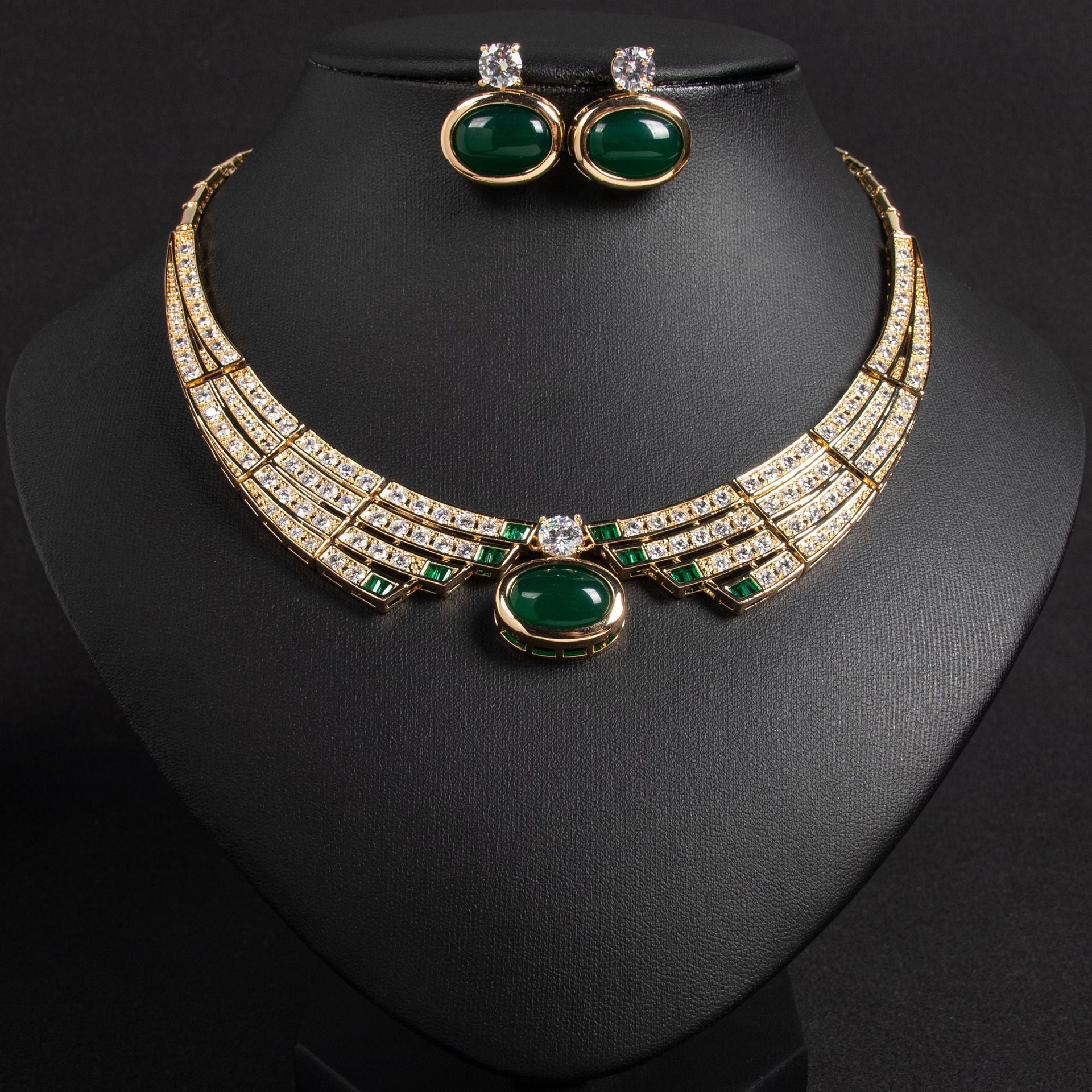Real Gold Plated Emerald Gemstone Wealth Rolling Egg Surface Necklace Earring Set Jewelry for Women