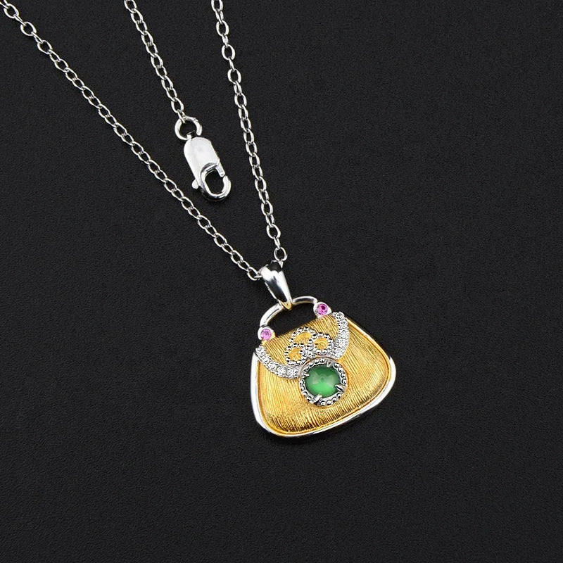 Italian Sterling Silver Gold-Plated Gemstone-Inlaid Wallet Women's Accessories Necklace Light Luxury Retro High-End Feel Women's New Necklace