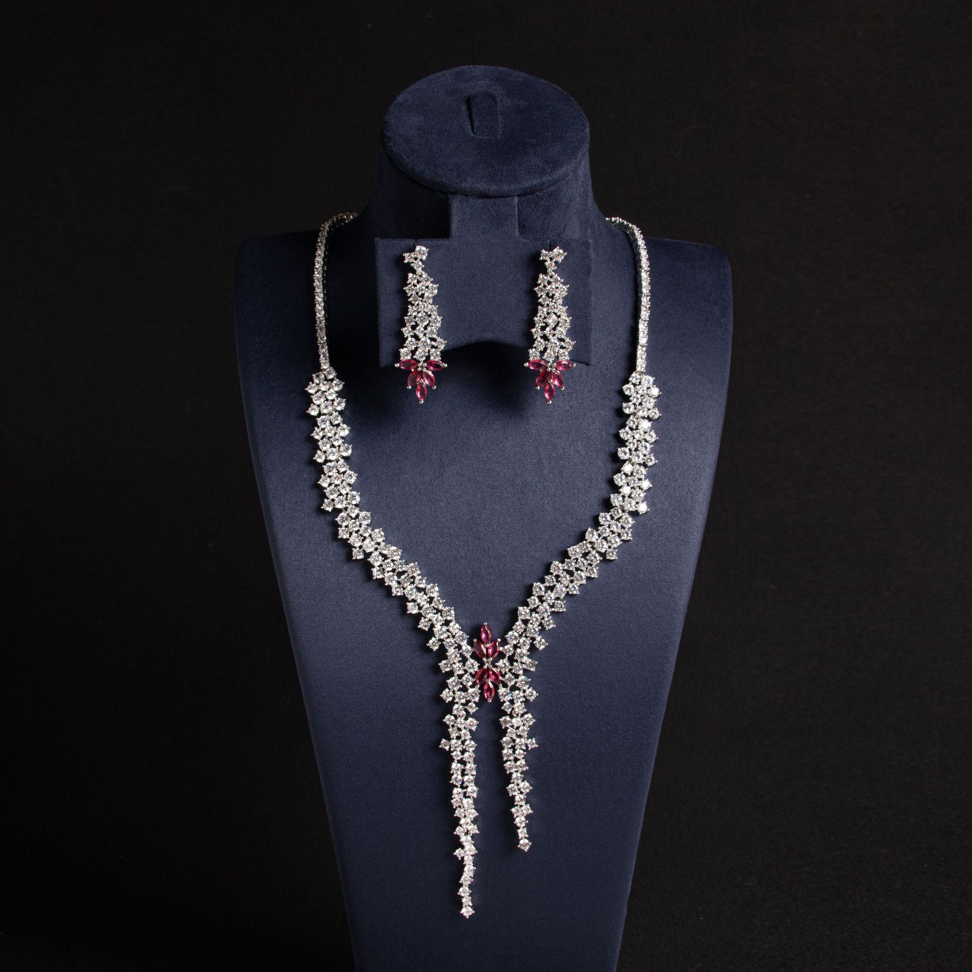 Internet Celebrity Hot-Selling Floral Zircon Necklace Earrings Inlaid with Diamonds Floral Long Pendant Exquisite Personality Sweet Set