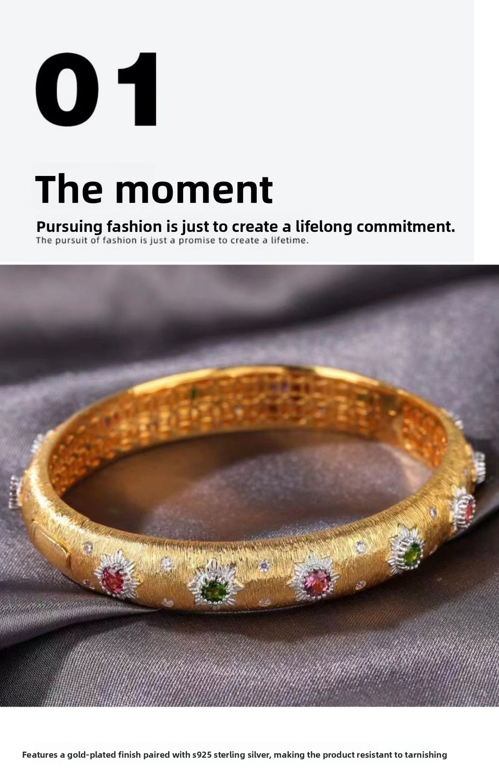 New Italian Craft Court Style Women's Brushed Bracelet Light Luxury Pure Silver Gold-Plated Gemstone High-End Niche Bracelet