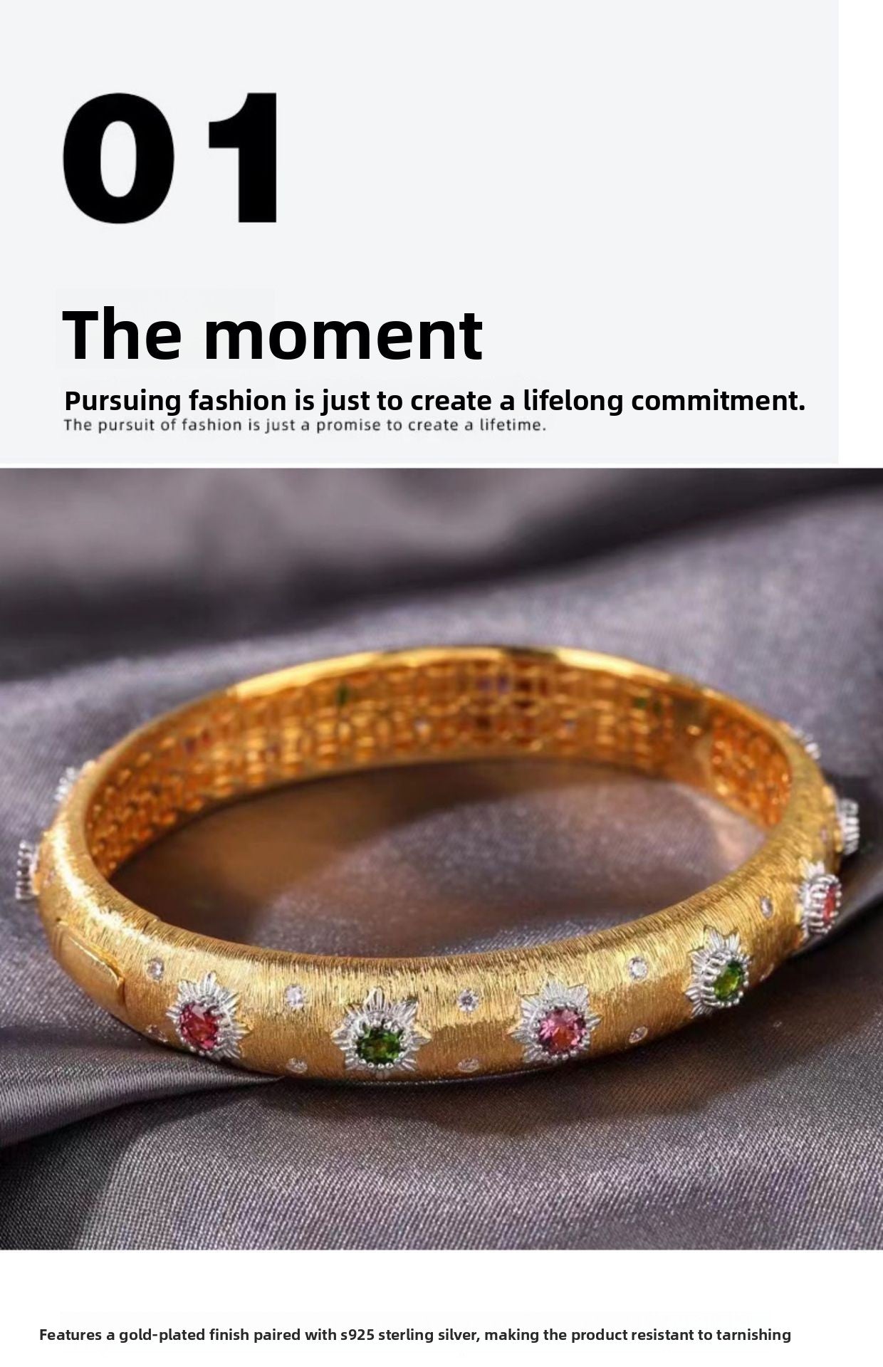 New Italian Craft Court Style Women's Brushed Bracelet Light Luxury Pure Silver Gold-Plated Gemstone High-End Niche Bracelet