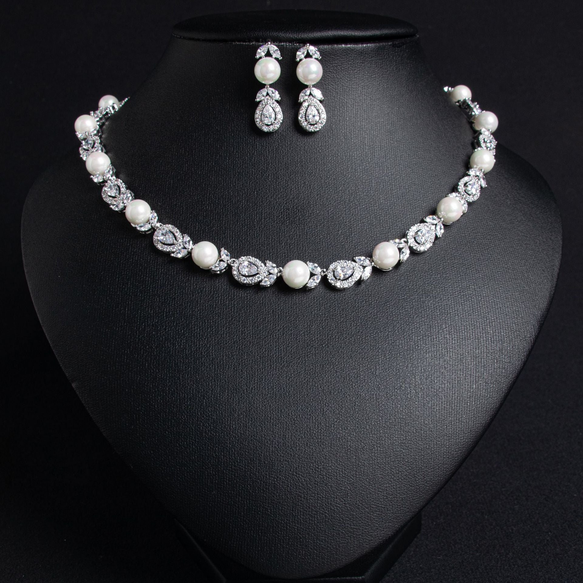 Korean Style Wedding Luxurious Pearl Necklace Earrings Set Full Diamond AAA Zircon Banquet Exquisite Accessories Bride Jewelry