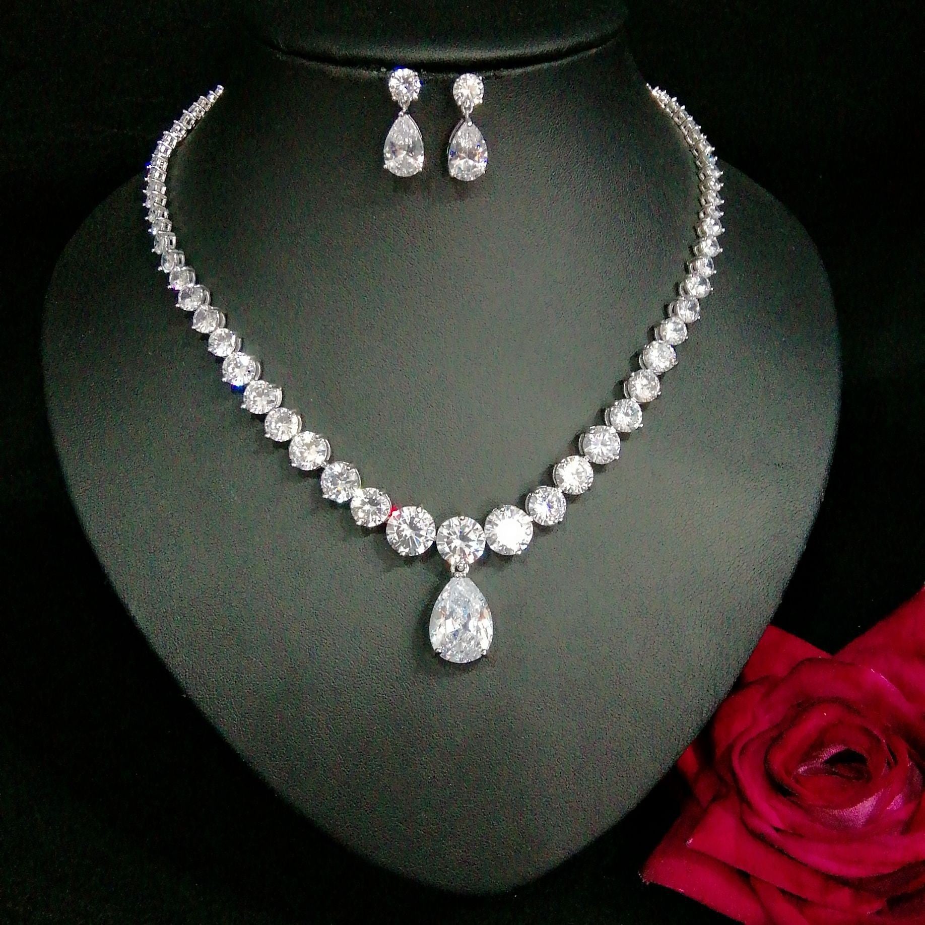 European and American Cross-Border Hot-Selling Necklace Water Drop Zircon Earrings Set Bridal Jewelry Birthday Party Banquet Accessories