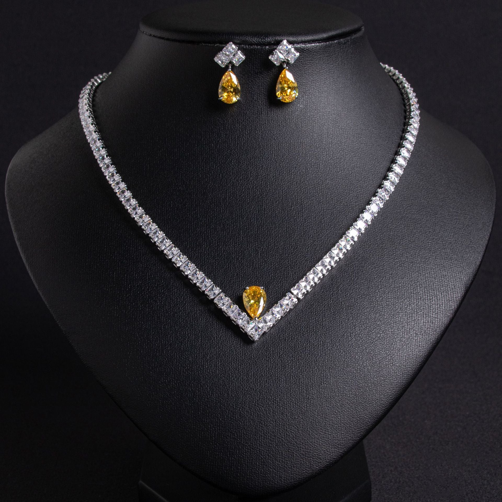 Elegant Simple Versatile Bridal Wedding Zircon Necklace Earring Set Wedding Dress Banquet Annual Meeting Ins Jewelry