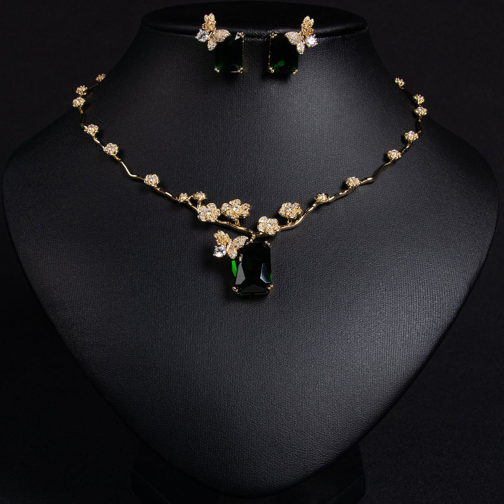 European and American New Style Ruby Necklace and Earring Set Simple Versatile Fashion Square Zircon Necklace Clavicle Chain Wholesale