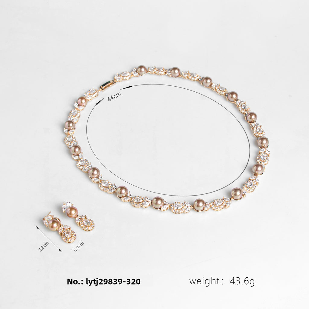 Korean Style Wedding Luxurious Pearl Necklace Earrings Set Full Diamond AAA Zircon Banquet Exquisite Accessories Bride Jewelry