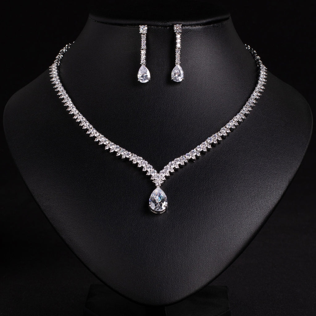 AliExpress Cross-Border Hot-Selling Korean Version 3A Water Drop Pendant Zircon Necklace Earrings Simple Casual Bride Jewelry Set