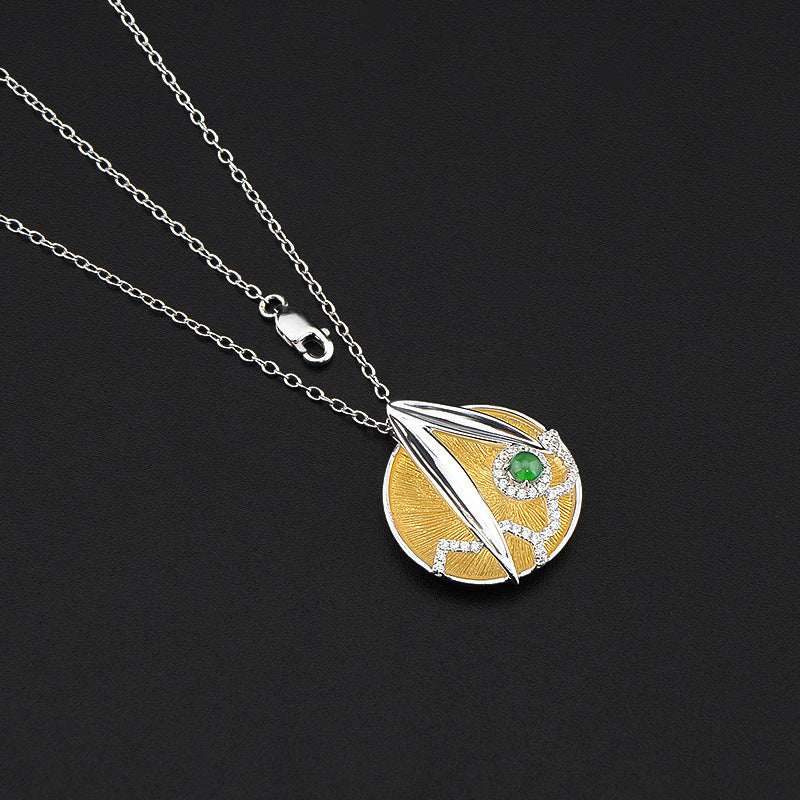 Italian Brushed Craft Vintage Relief 925 Silver Electroplated Silver Pendant Necklace Natural Ice Jade High-end Necklace