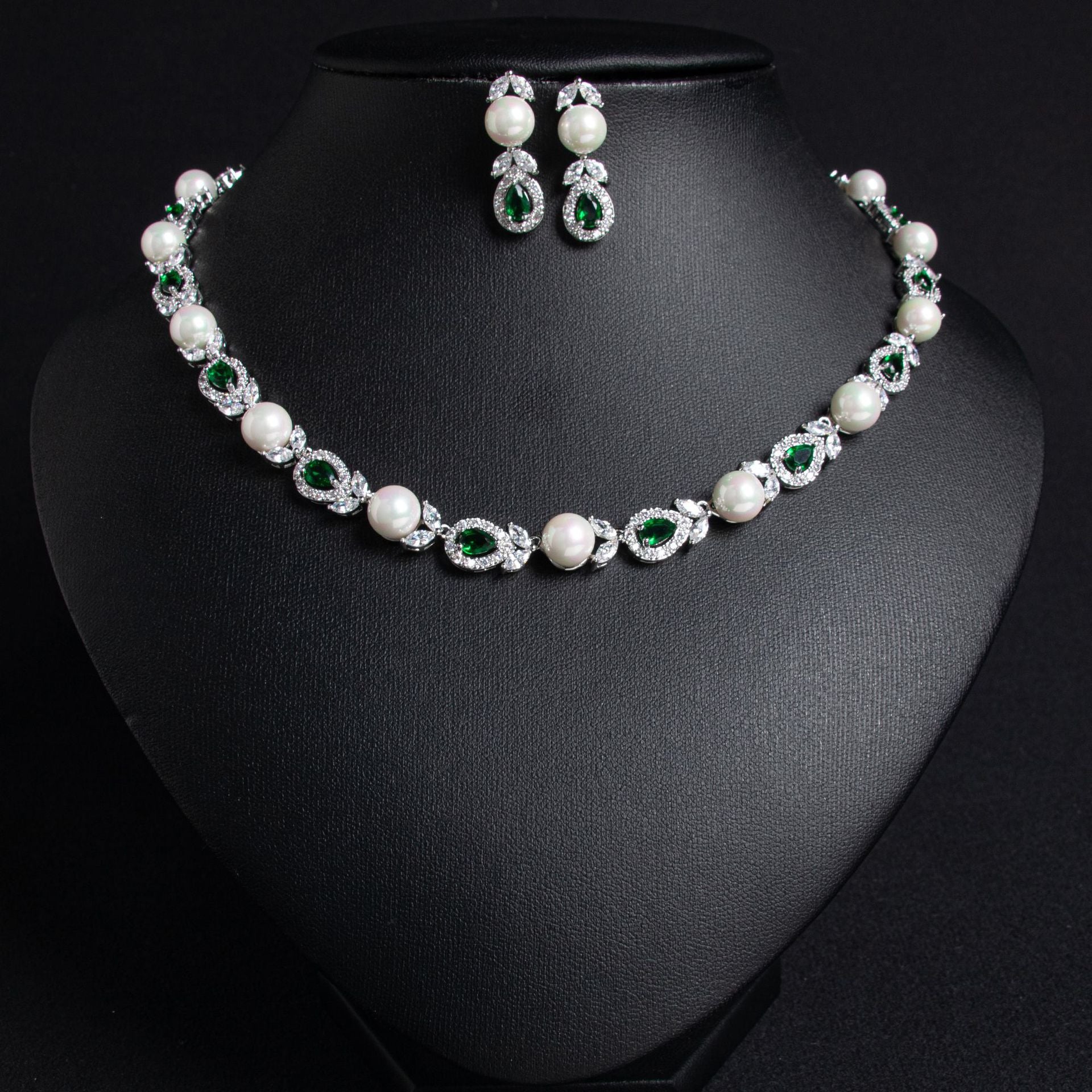 Korean Style Wedding Luxurious Pearl Necklace Earrings Set Full Diamond AAA Zircon Banquet Exquisite Accessories Bride Jewelry