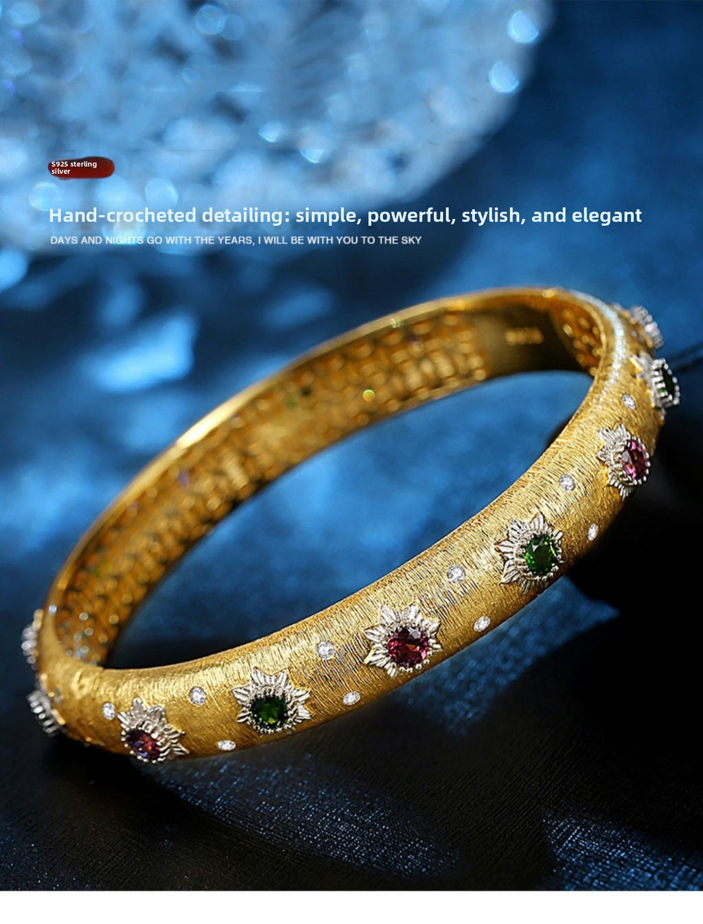 New Italian Craft Court Style Women's Brushed Bracelet Light Luxury Pure Silver Gold-Plated Gemstone High-End Niche Bracelet