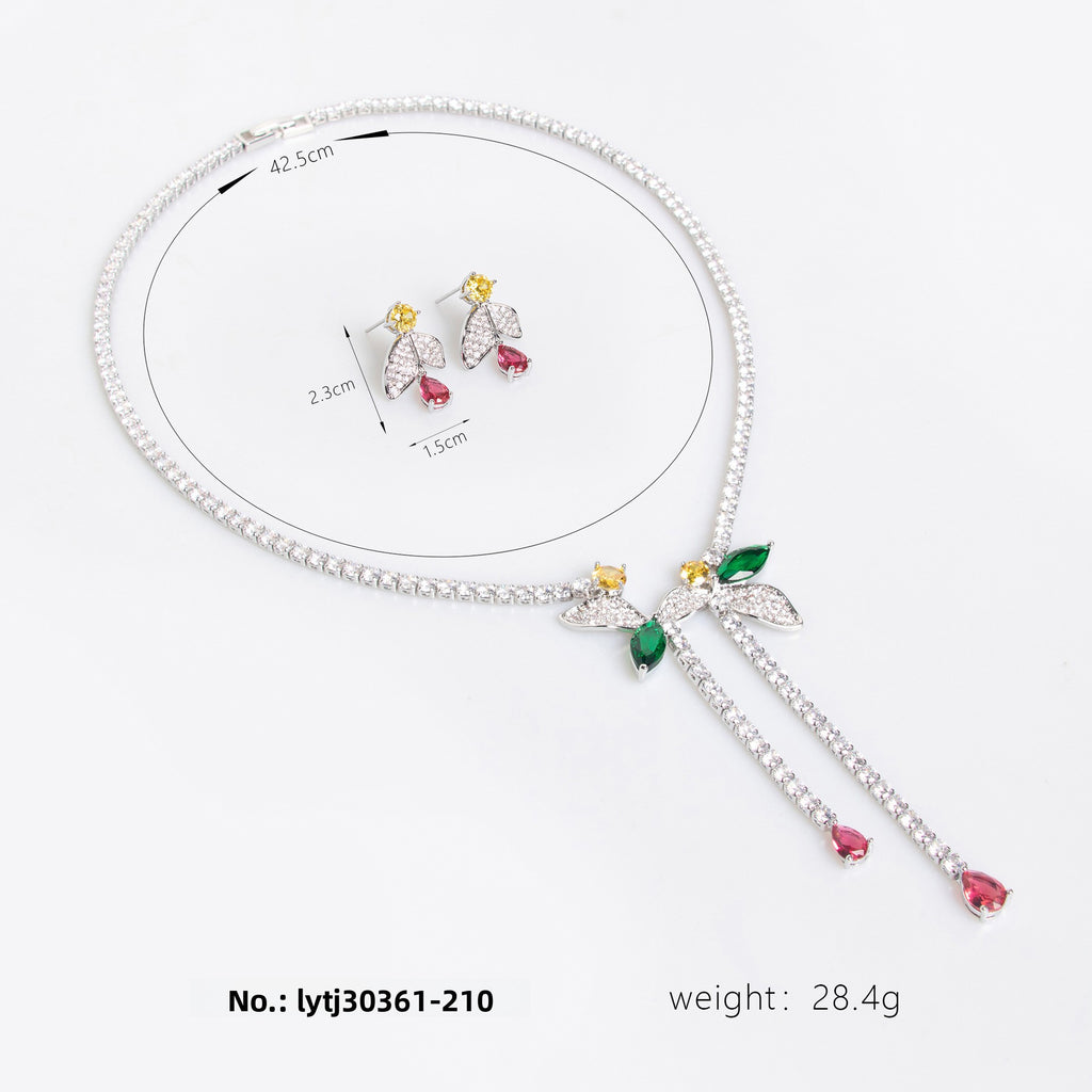 Cross-Border Bride Banquet Casual Zircon Necklace Female Niche Flower Tassel Pendant Zircon Earrings Set Wholesale