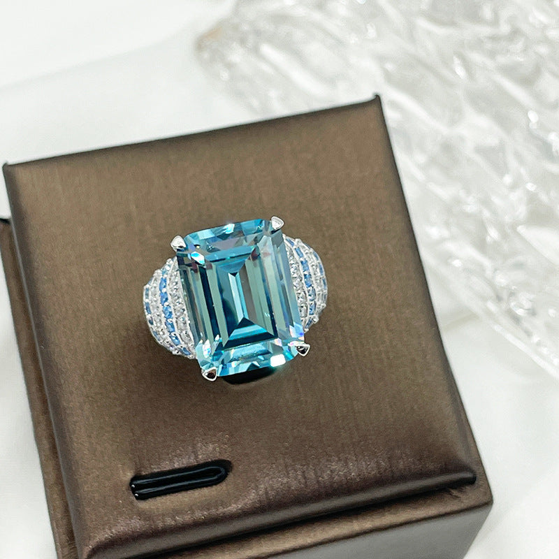 Sterling Silver 925 Large Luxury Diamond Zirconia Sapphire Ring Women's Sapphire Ring