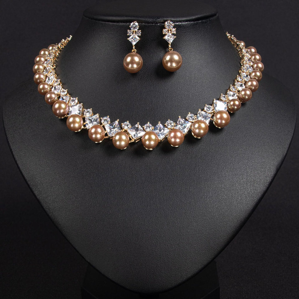 European and American Fashion Versatile Wedding Jewelry Pearl Necklace Earring Set Elegant Women's Collarbone Chain Tassel Earrings