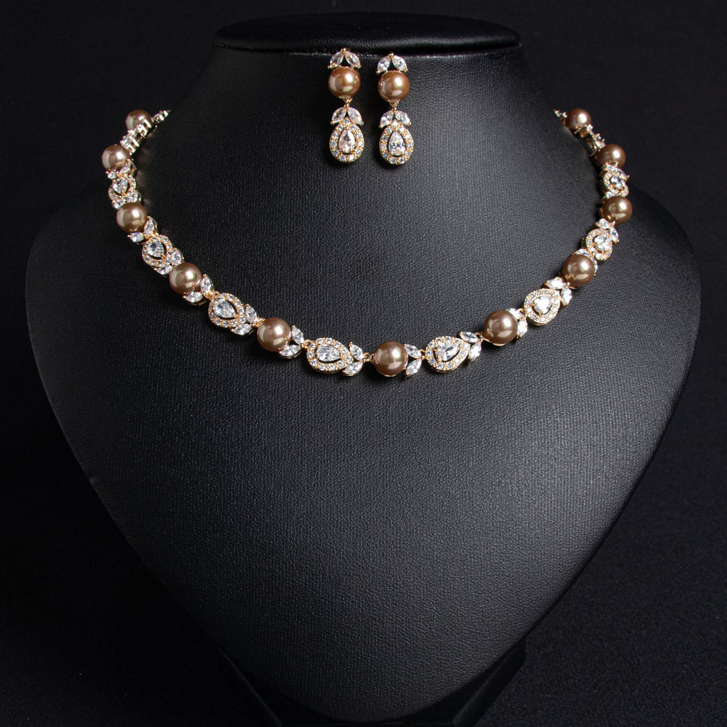 Korean Style Wedding Luxurious Pearl Necklace Earrings Set Full Diamond AAA Zircon Banquet Exquisite Accessories Bride Jewelry