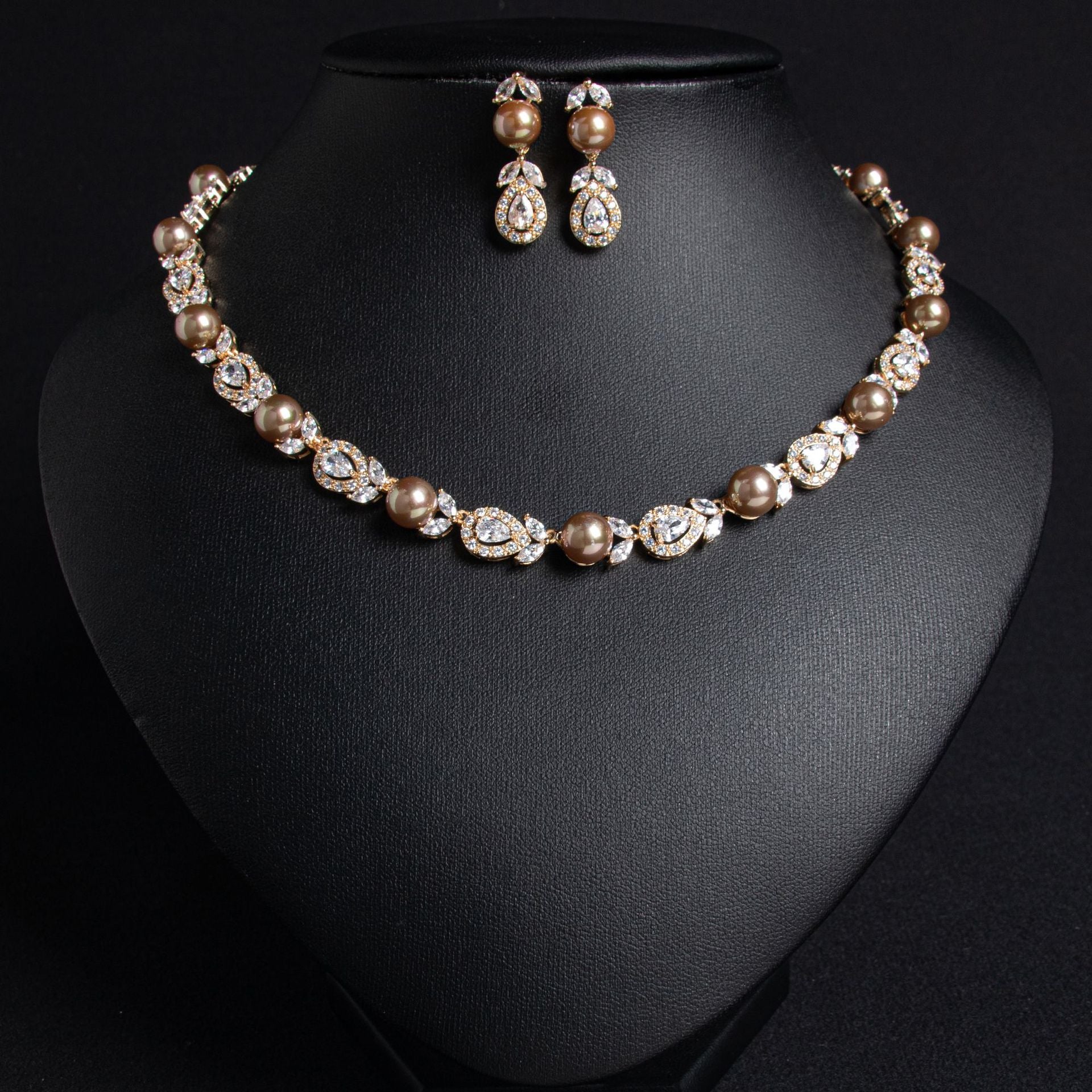 Korean Style Wedding Luxurious Pearl Necklace Earrings Set Full Diamond AAA Zircon Banquet Exquisite Accessories Bride Jewelry