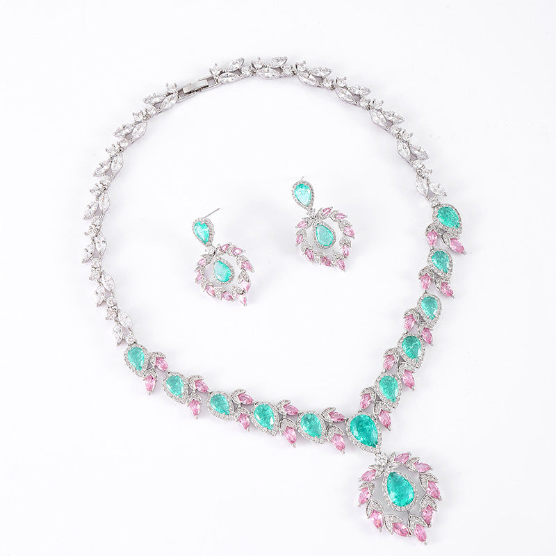 Bridal Dress Jewelry Set Zircon Water Drop Inlaid Multi-color Matching Middle Eastern Jewelry Necklace Earrings Jewelry