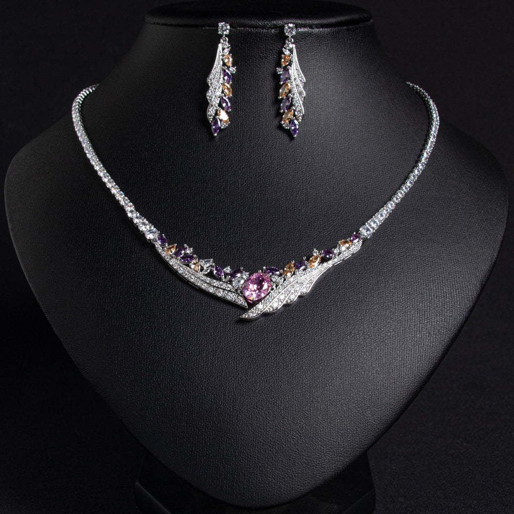 Women's Simple Angel Wings Banquet Zircon Full Diamond Necklace Earrings Pendant Set Bridal Wedding Dress Accessories