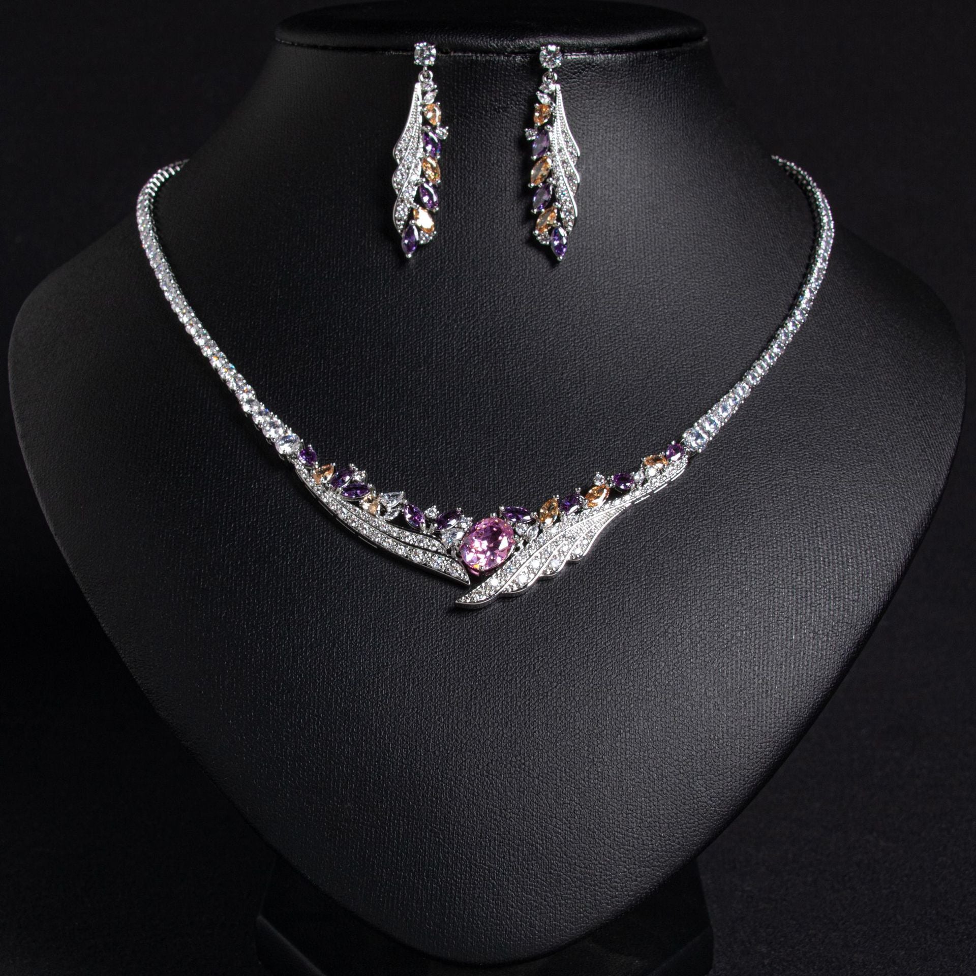 Women's Simple Angel Wings Banquet Zircon Full Diamond Necklace Earrings Pendant Set Bridal Wedding Dress Accessories