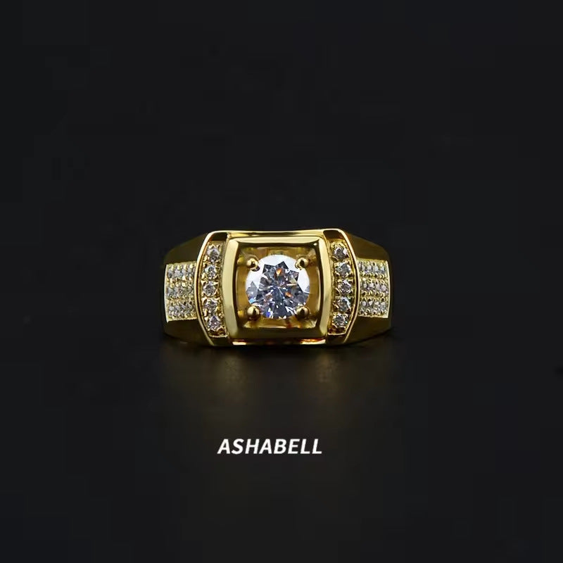 1 Carat 925 Sterling Silver D Color Moissanite Men's Ring European and American Domineering Boyfriend Ring 18K Gold Plated Men's Ring