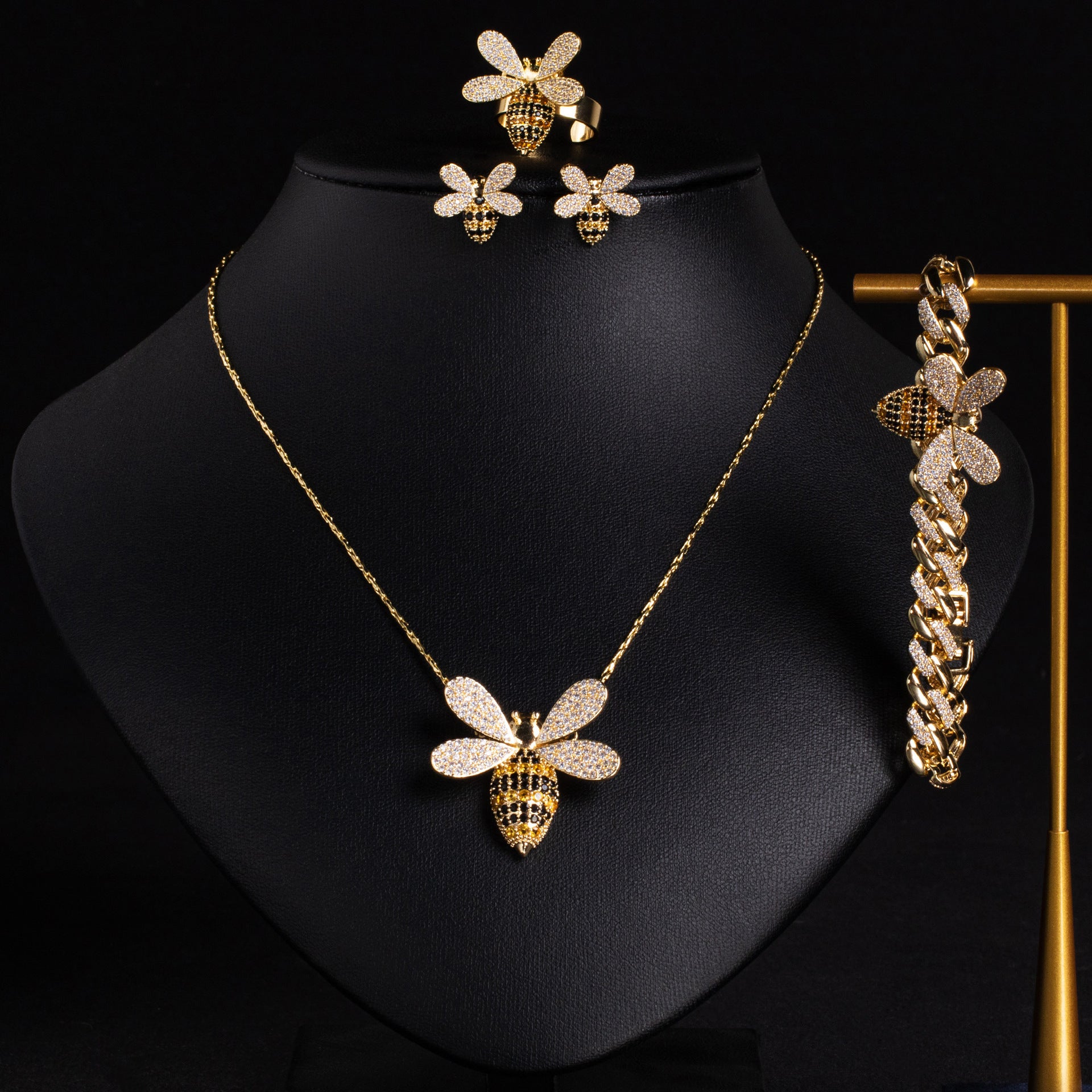 Internet Celebrity Hot-Selling Bee Zircon Ring Earrings Necklace Diamond-Studded Bee Pendant Exquisite Personality Sweet Set