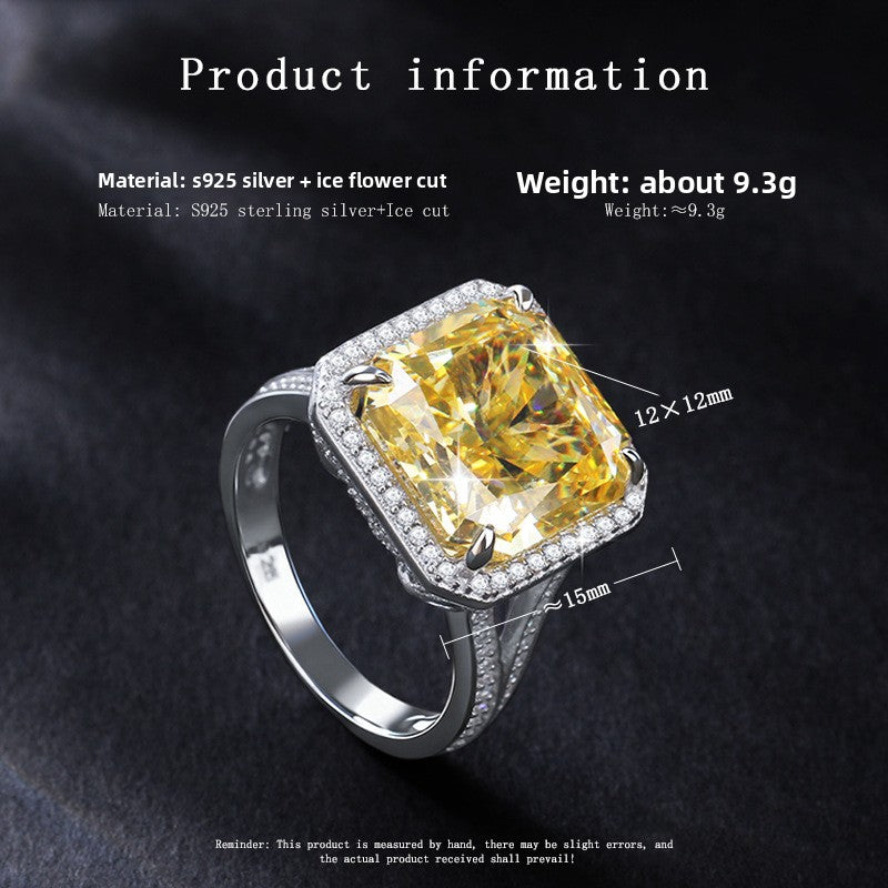 16*16mm Ice Flower Cut Zircon Ring for Women Simple Luxury Large Gemstone S925 Sterling Silver Ring Wholesale
