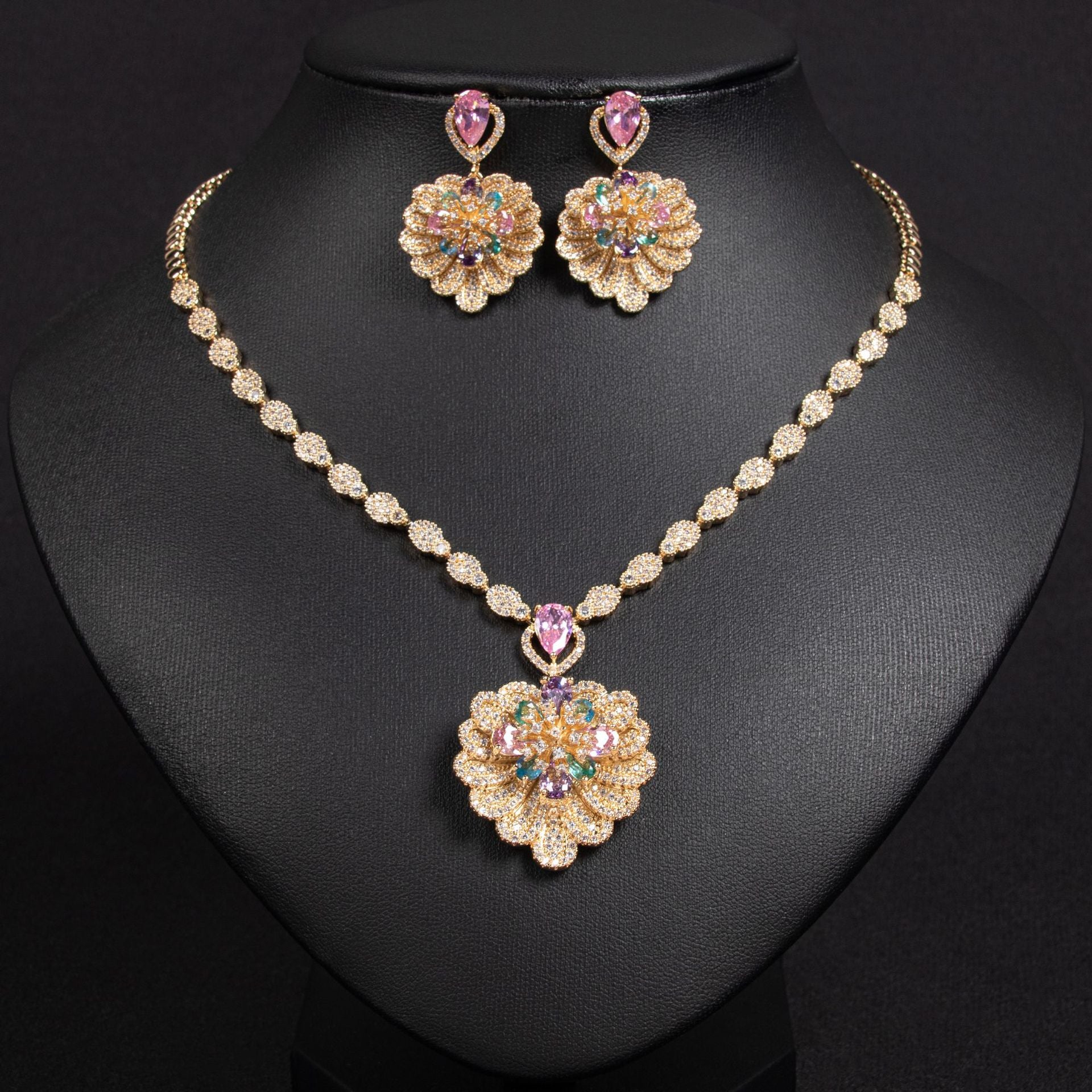 Zircon Flower Wedding Necklace Set Personality Versatile Summer New Bride Accessories Evening Fashion Set Two Pieces