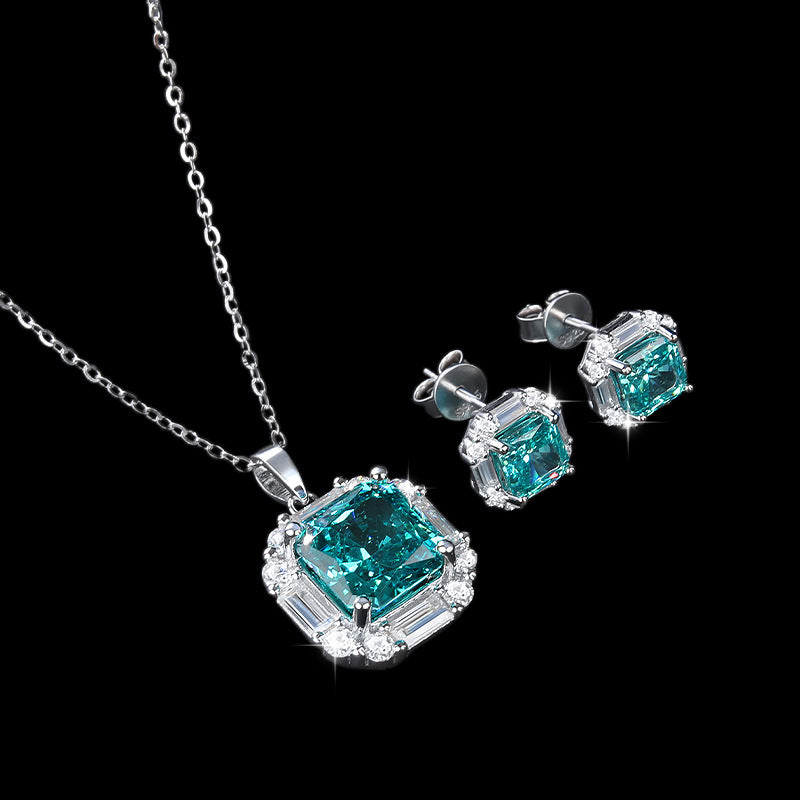 Paraiba Ice Flower Cut Zirconia Earrings Necklace Jewelry Set S925 Sterling Silver Sapphire Earrings Necklace