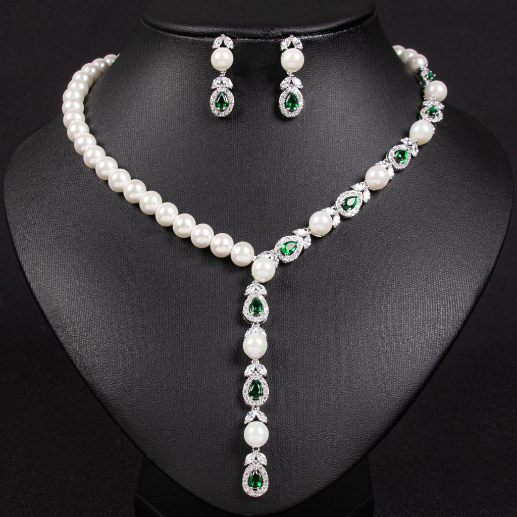 Cross-Border European and American Luxury Pearl Necklace Earrings Set Full Diamond AAA Zircon Banquet Exquisite Accessories Bridal Jewelry