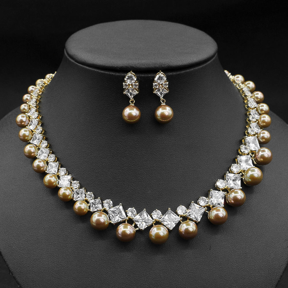 European and American Fashion Versatile Wedding Jewelry Pearl Necklace Earring Set Elegant Women's Collarbone Chain Tassel Earrings