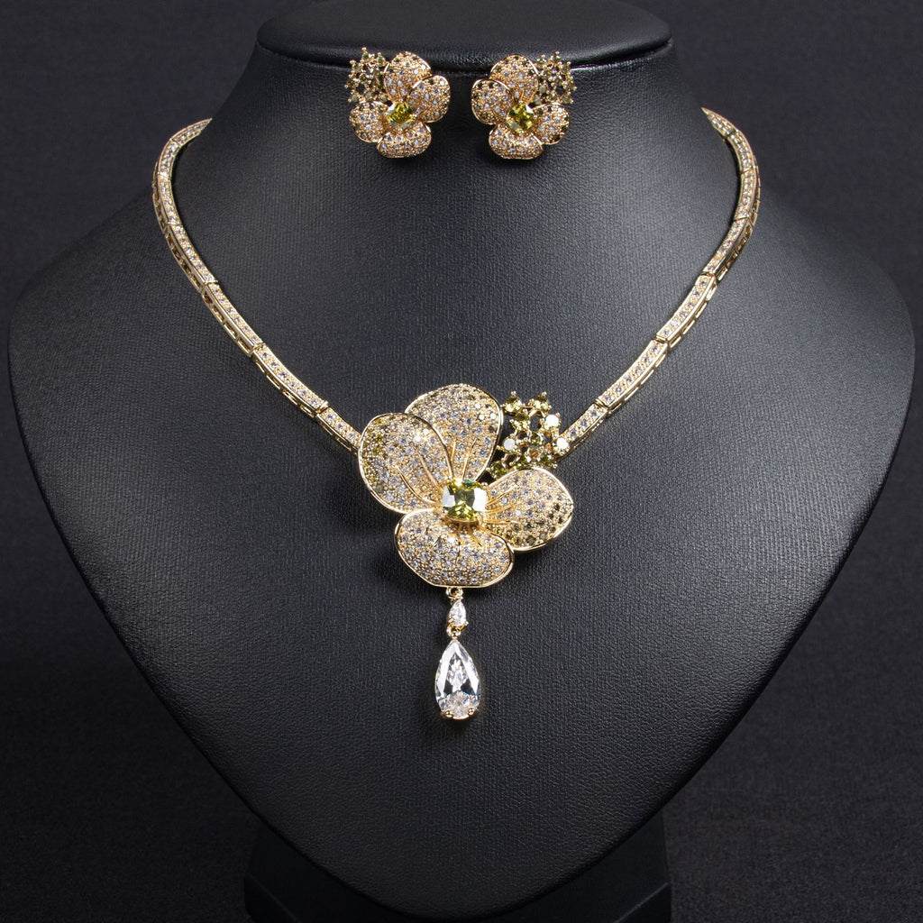 European and American Cross-Border Flower Zircon Necklace and Earring Set High-End Niche Luxury Bridal Dress Accessories Wholesale