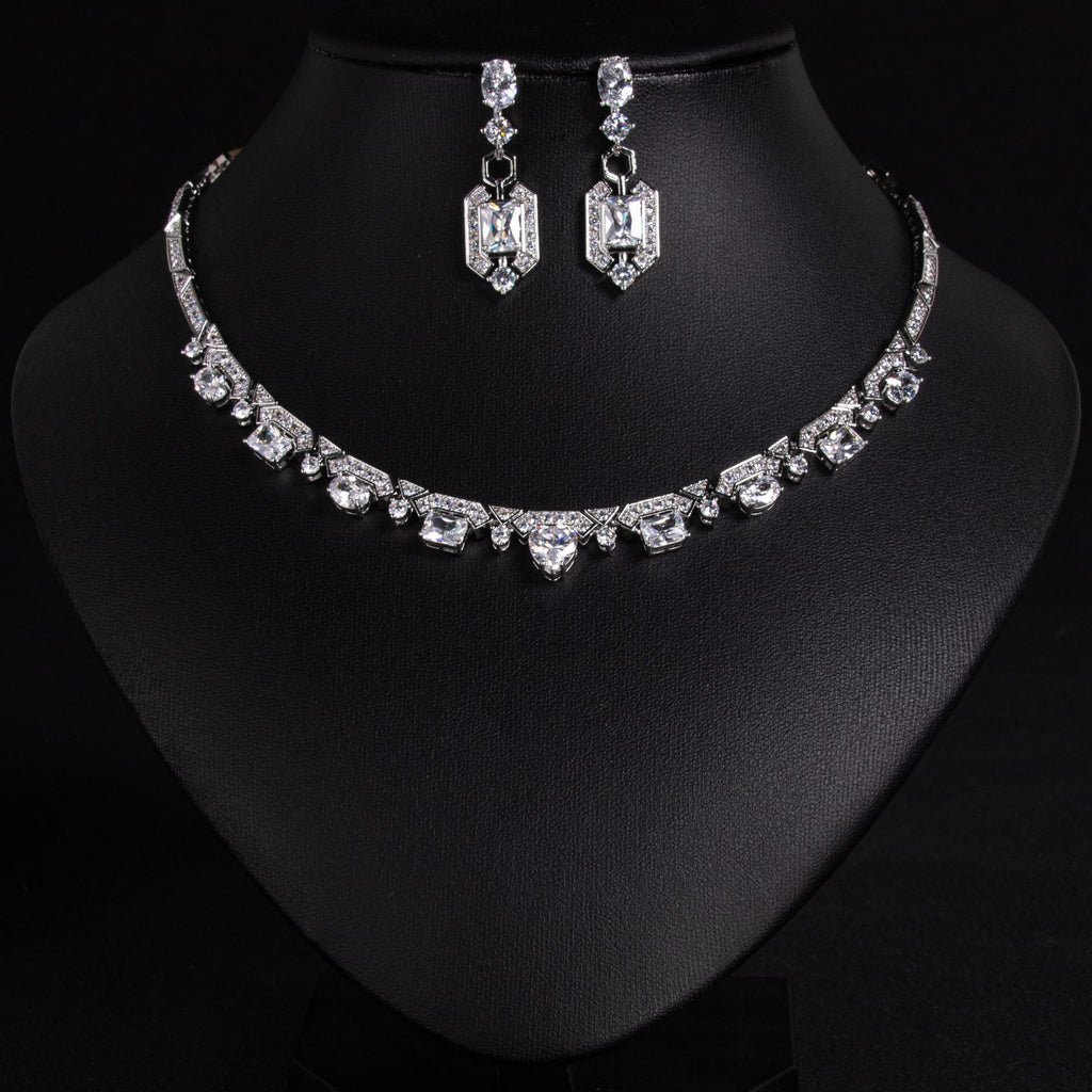 European and American Bride Colorful Zircon Necklace and Earrings Two-Piece Set Wedding Dress Versatile Noble Earrings Banquet Chain Set